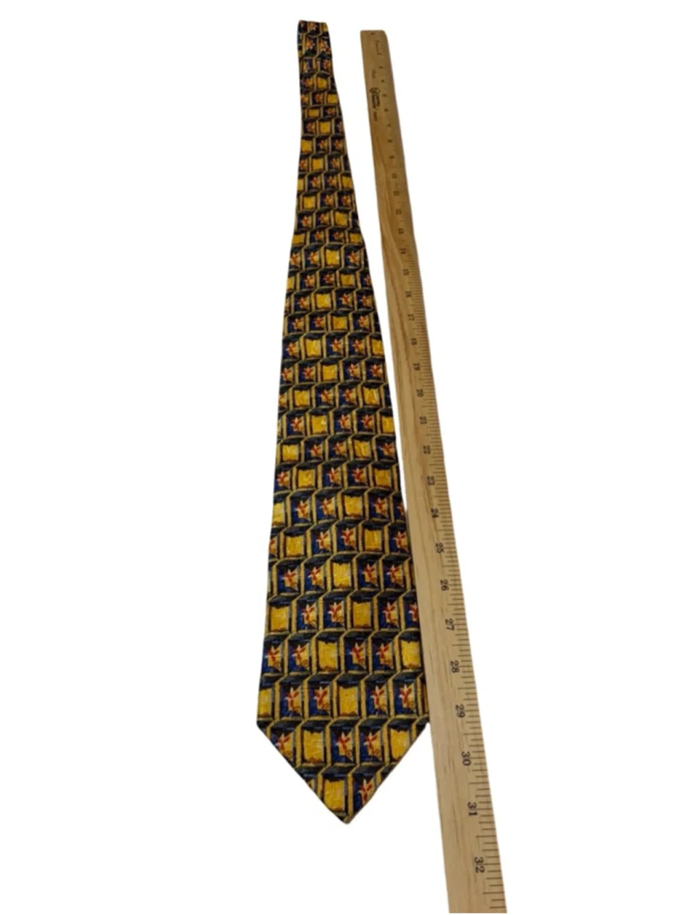 Ermenegildo Zegna Silk Tie Gold Blue Geometric Novelty Print Made Italy